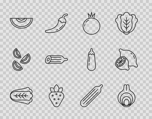 Sticker - Set line Cabbage, Onion, Tomato, Strawberry, Melon fruit, Fresh cucumber, and Lemon icon. Vector