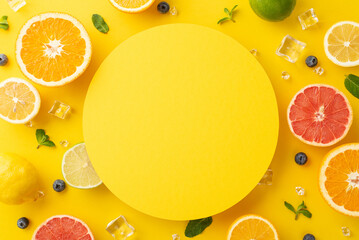 Wall Mural - Tropical summer concept. Top flat lay view of juicy oranges, lemons, limes, grapefruits, and mint leaves on a sunny yellow background with a blank circle for text