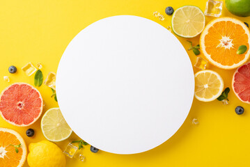 Wall Mural - Sun-kissed citrus concept. Top view of fresh and colorful oranges, lemons, limes, grapefruits, and mint leaves on a sunny yellow background with a blank circle for text