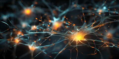 three dimensional rendering of neurons on dark background,