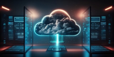 Cloud technology concept. Data center concept. Modern cloud technologies. Neon colors, cyber space, isometric illustration network with computer, laptop, tablet and smartphone. For web. generative AI