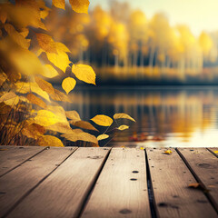 Wall Mural - Wooden dock on the lake and autumn forest, Generative AI