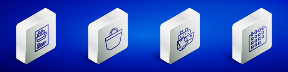 Sticker - Set Isometric line Cruise ship, Beach bag, and Calendar icon. Vector