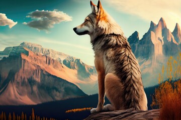 Wall Mural - wolf gazing out over mountain range, with its ears perked and whiskers twitching, created with generative ai