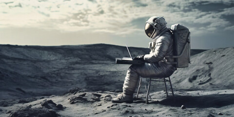 a astronaut working on a laptop while sitting on the moon
