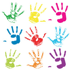 Vector colorful hand prints. Isolated background.