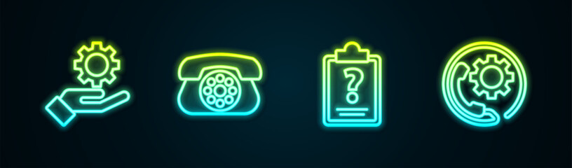 Sticker - Set line Settings in the hand, Telephone, Clipboard with question marks and 24 hours support. Glowing neon icon. Vector