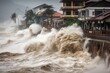 tsunami wave crashes into coastal village, destroying buildings and flooding the streets, created with generative ai