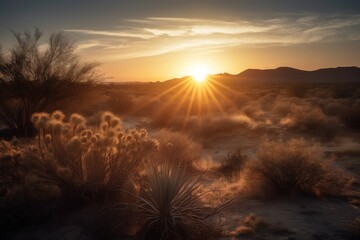 Sticker - desert sunrise, with the sun peeking over the horizon and casting warm light on the landscape, created with generative ai