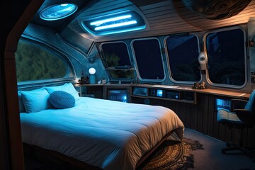Wall Mural - spaceship bedroom, with view of distant stars and galaxies, for a dreamy and magical sleep experience, created with generative ai