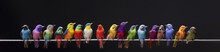 Colorful Birds On A Telephone Wire. All Different Colors And Patterns. Colorful Eye-catching Abstract Background For Creative And Diverse Content. Black Background. Extra Wide Format. Generative AI