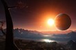 view of distant exoplanet, with its star in the background, shining brightly, created with generative ai