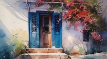 Water Color Painting Of Old House With Bougainvillea In Front Of Blue Door