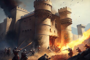 Wall Mural - dramatic storming of a medieval fortress, with soldiers scaling the walls and siege weapons being fired, created with generative ai