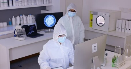 Poster - Scientist team in laboratory, PPE and science study with medical research, scientific innovation and collaboration. People working together in lab, face mask and test results on tablet with biotech