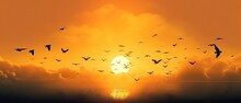 Hot Summer, Heat Wave Background, Orange Sky With Clouds And Birds, Glowing Sun, Generative AI