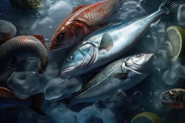 Seafood with ice creative illustration. AI generated