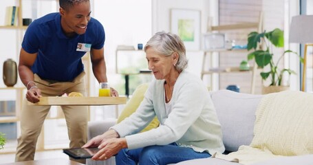 Wall Mural - Breakfast, assisted living and retirement with an elderly woman on a sofa in the living room of her home. Morning, food and a nurse black man serving a meal to a senior patient in a care facility