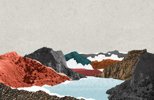 Surreal Collage Composition Made Of Torn Pieces Of Vintage Photos. Hidden Lake In Mountains. Paper Art. Exploring Mood