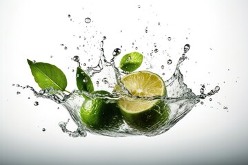 Wall Mural - Water splash on color background with lime slices, mint leaves, and ice cubes as a concept for summertime. AI generated