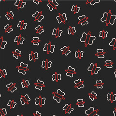 Sticker - Line Rolling pin on dough icon isolated seamless pattern on black background. Vector