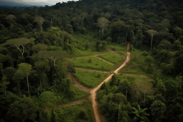 Wall Mural - tropical rainforest with clearings and paths created by logging activity, created with generative ai