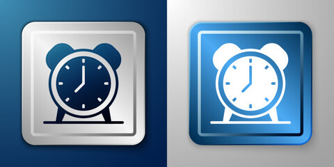 Sticker - White Alarm clock icon isolated on blue and grey background. Wake up, get up concept. Time sign. Silver and blue square button. Vector