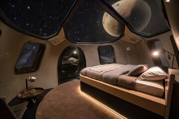 Wall Mural - bedroom with view of the stars and planets, in spaceship flying among them, created with generative ai