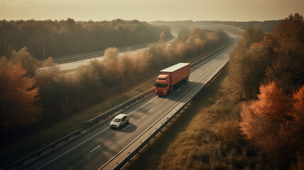 Wall Mural - Truck on road in sunlight, arial picture, generative AI