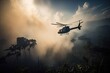 helicopter flies over jungle, with smoke billowing from the burning forest, created with generative ai