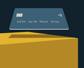 Poster - A generic mock credit or debit card is seen hovering over a box or table in a 3-d illustration.