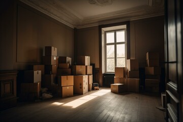 Sticker - moving boxes in empty room. Generative AI