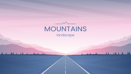 Wall Mural - The road that leads to the mountains. Mountain ranges on the horizon. The sun lights up the evening sky. Summer trips. Vector image. Minimalist flat style. Background, banner, wallpaper design.