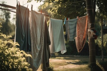 Wall Mural - a clothesline with freshly-washed towels, sheets and blankets drying in the sun, created with generative ai