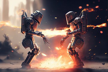 Wall Mural - two robots battle, with flames and sparks flying in the background, created with generative ai