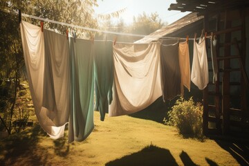 Wall Mural - a clothesline with freshly washed sheets and towels hanging in the sun, created with generative ai