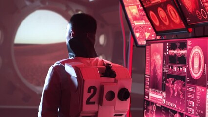 Wall Mural - Team of astronauts in a space suits aboard the Mars station. A crew of cosmonauts piloting the spaceship in space. Galactic travel and science.