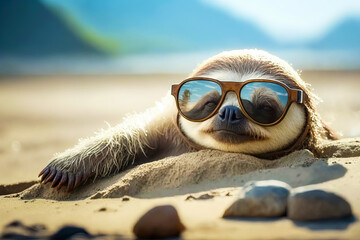 Sticker - Sloth wearing sunglasses laying on beach with its head resting on the sand. Generative AI.