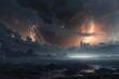distant exoplanet, with view of swirling storm systems and lightning, created with generative ai