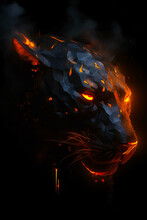Tiger's Head With Glowing Eyes On Black Background With Orange And Yellow Lights. Generative AI.