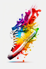 Sticker - Pair of colorful sneakers with splash of paint coming out of them. Generative AI.