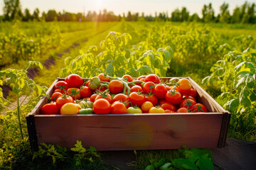 Sticker - Wooden box filled with lots of red and yellow tomatoes in field. Generative AI.