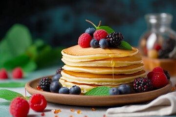 Poster - Stack of pancakes on plate with berries and syrup on the side. Generative AI.