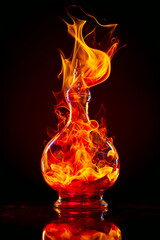 Wall Mural - Glass vase filled with fire on top of black background with red and yellow flames coming out of it. Generative AI.