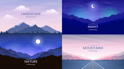 Wall Mural - a set of polygonal landscape illustrations. a collection of flat landscapes. night scene, highway, m