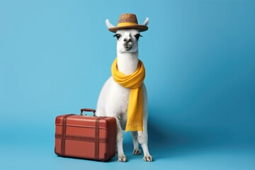 Wall Mural - stylish llama tourist with suitcase on a blue background, Generative AI