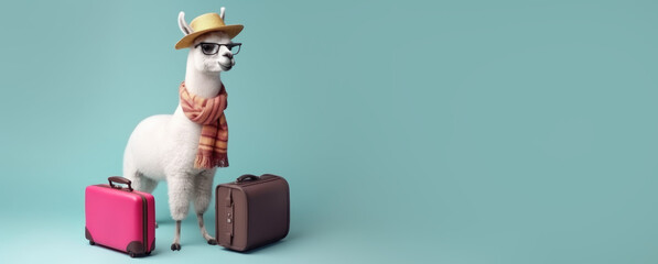 Wall Mural - stylish llama tourist with suitcases on a blue background, Generative AI