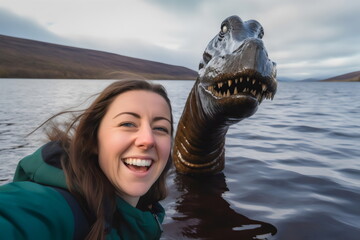 smiling woman taking selfie with the loch ness monster in lake, made with generative ai