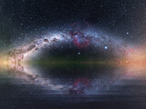 Fototapeta Kosmos - The Milky Way and a night sky full of stars reflected in calm waters