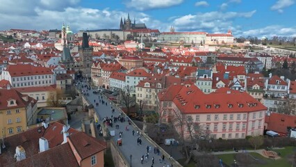 Wall Mural - Scenic spring panoramic aerial view of the Old Town pier architecture and Charles Bridge over Vltava river in Prague, Czech Republic